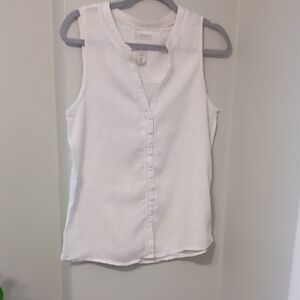 Joie Sz M, Pure White Sleeveless V-Neck Button-Front, Blouse With Covered Button
